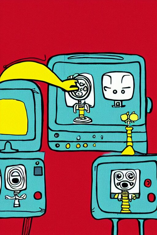 an illustration of robots watching tv in the style of goodnight moon by margaret wise brown 