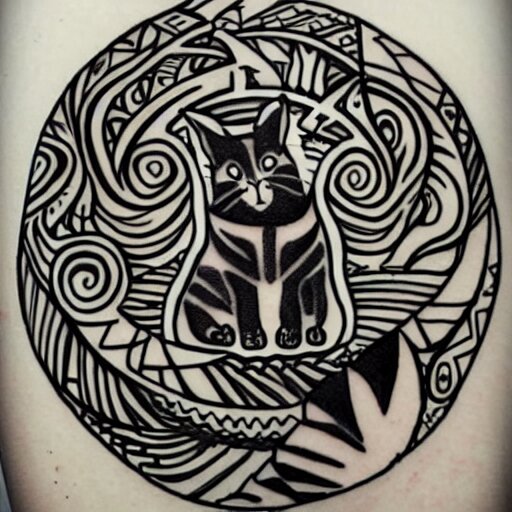 tattoo sketch in polynesian style cat hugging the sun