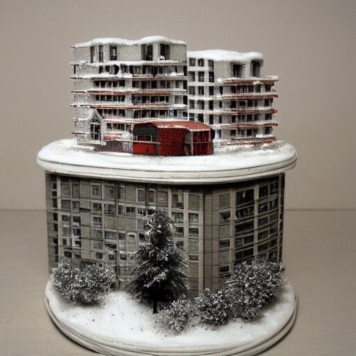 a snow globe diorama with a soviet apartment building in it, brutalism, physically based rendering, 1 9 9 0's 