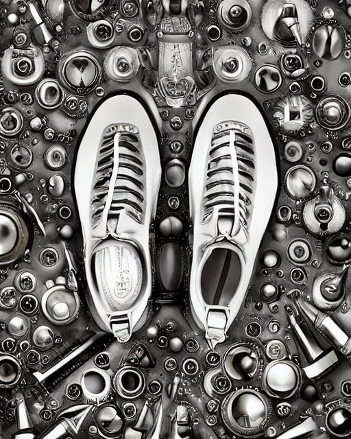 balenciaga sneakers made out of clock parts, hyper realism, high detail, extremely detailed, very sharp, award winning photo, in the style of vivian maier 