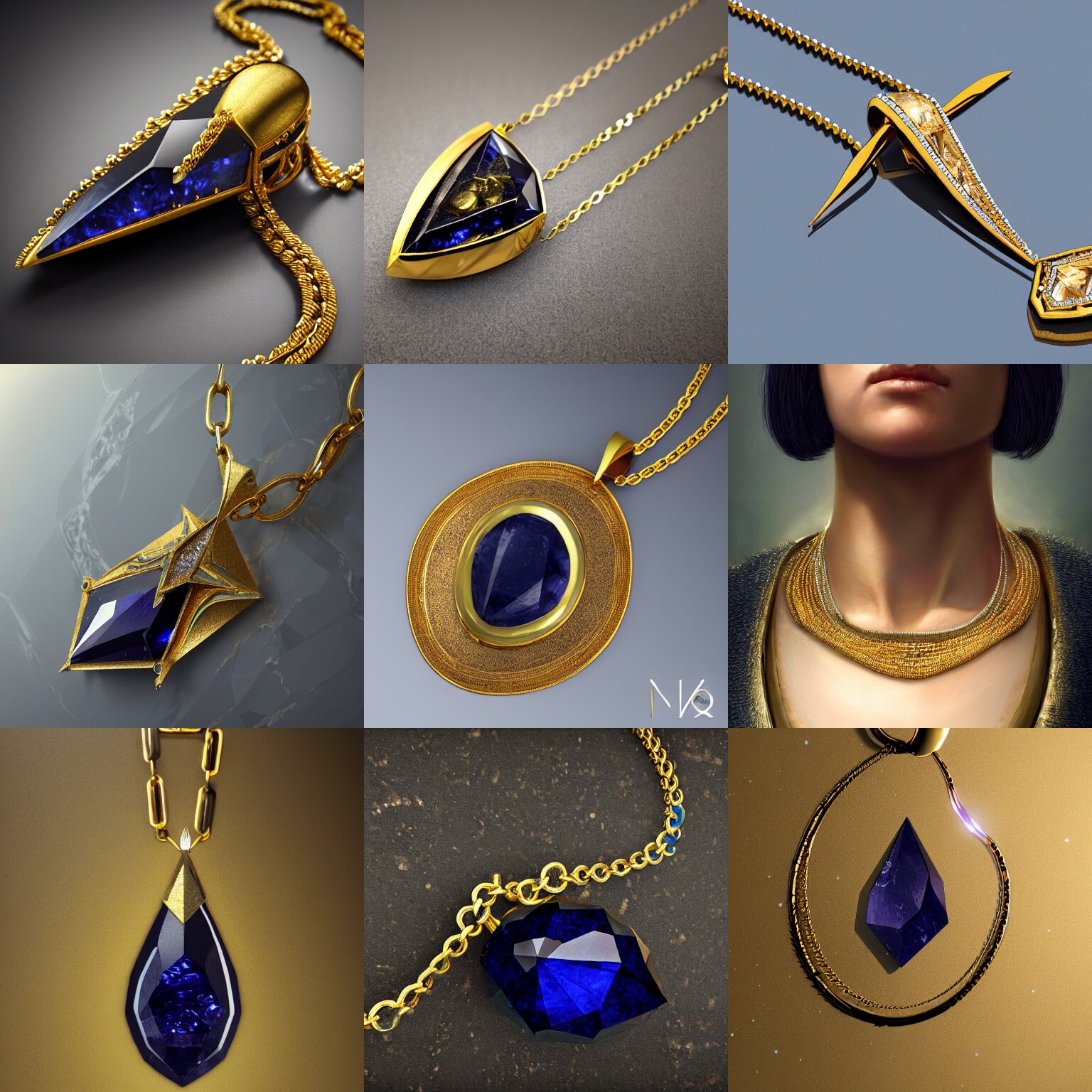 A very highly detailed single large pointed faceted sapphire necklace with a thin gold chain and gold setting, resting on a polished marble countertop, digital rational painting art by Greg Rutkowski, sci-fi highly detailed, digital concept art, sharp focus, very very realistic product shot by Stephen Hickman and James Gurney and Hiromasa Ogura Ghost in the Shell rendered in Octane Render, studio lighting