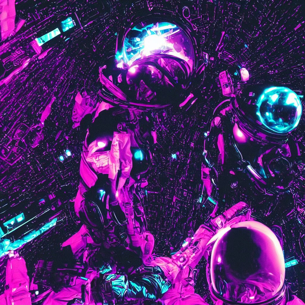 astronaut sucked into blackhole synthwave, glitchy, reflective, holographic, neon 