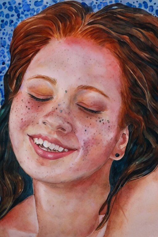 portrait of a young beautiful auburn woman, closing her eyes, smiling, aquarelle, realistic painting, freckles, 1 / 4 headshot 