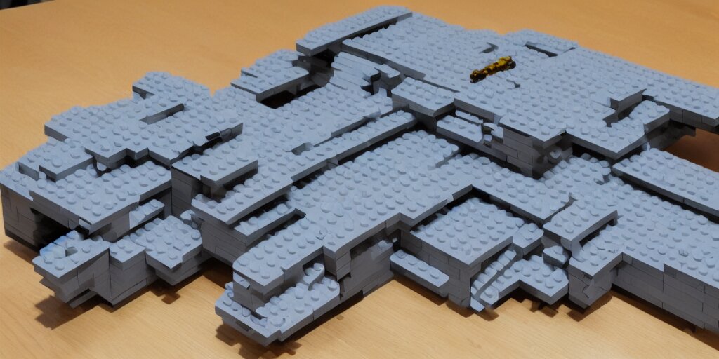 gigantic spaceship made with grey legobricks, flying in the galaxy 