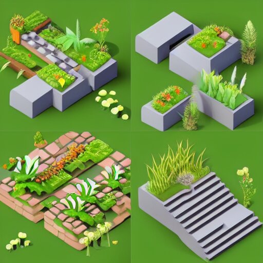 3 d mobile game prop pack is an isometric stairs but with an organic natural design that is based on different grass items - like plants with grass all inspired artstation stylized nature. around the stair, we can see flowers, grass, bushes. all in isometric perspective and semi - realistic style white background 