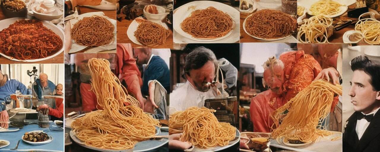 famous moments in history that include spaghetti, small details, intricate, canon 5 0 mm, wes anderson film, kodachrome 