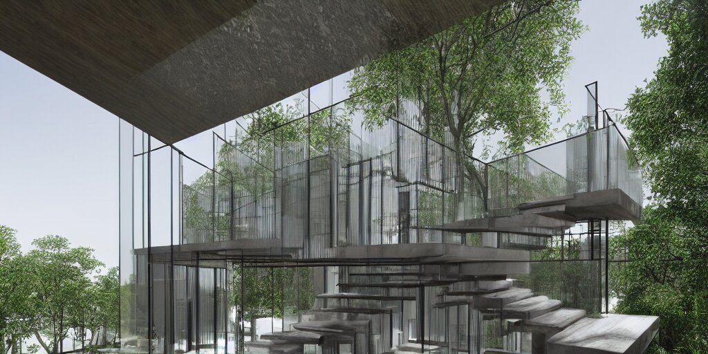 3d rendering  of beautiful nature meets architecture concept of a residential house by Kengo Kuma, volumetric lighting, luxury, high detail, 14mm,  glass railing, outdoor staircase, terraces, roof garden, cinematic photography, cg architects,  high resolution