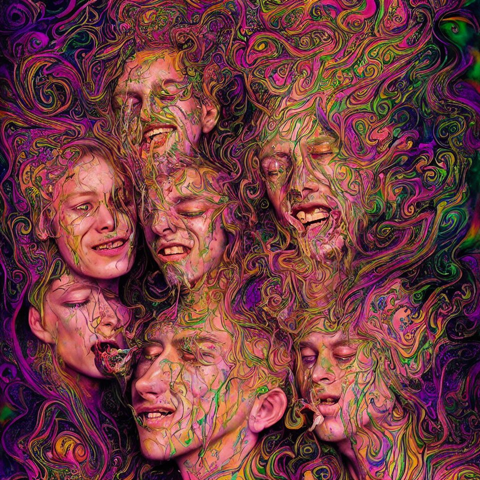 happy psychedelic portrait of friends smoking dmt and becoming gods, smiling and crying, old and young, diffuse lighting, fantasy, intricate, elegant, highly detailed, lifelike, photorealistic, digital painting, artstation, concept art, smooth, sharp focus, art by john collier and albert aublet and jenny saville and artem demura and francis bacon 