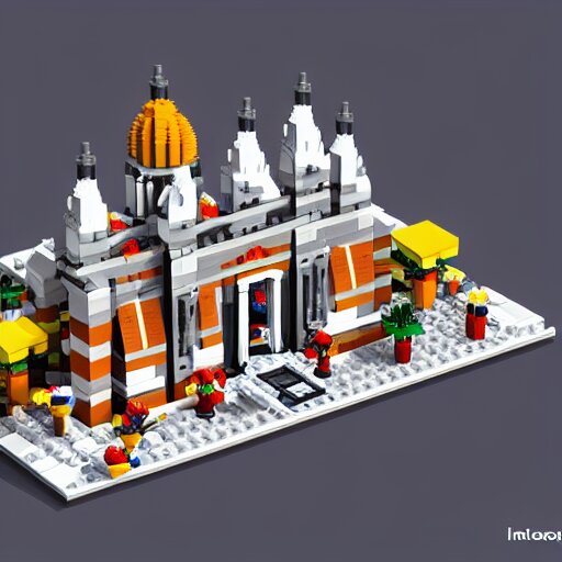 isometric view of a lego church, lego bricks, model church, geometric isometric view 