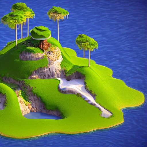 a floating island on an aquatic environment isometric art, lago di sorapis landscape, low poly art, game art, artstation, 3D render, high detail, cgsociety, octane render, sharp focus