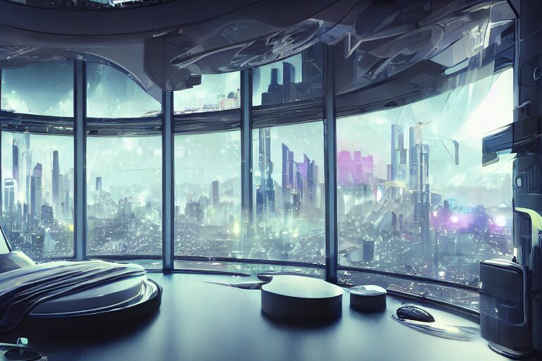 a futuristic bedroom with large curved ceiling high windows looking out to a far future cyberpunk cityscape, cyberpunk neon lights, raining, scifi