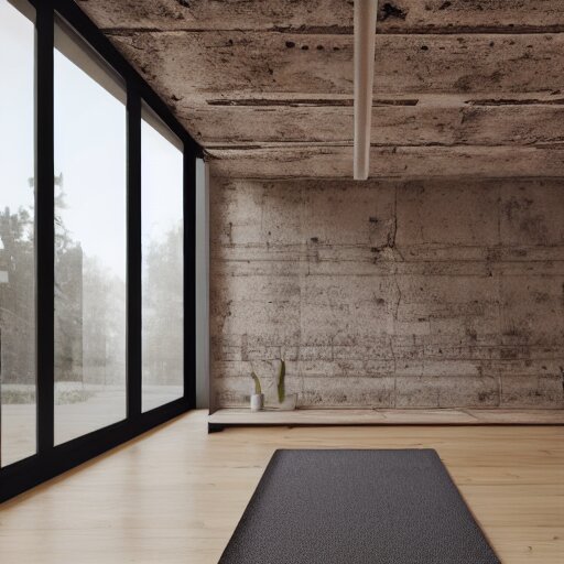 hyper realistic one point perspective of bedroom, wood, concrete, brick, glass 