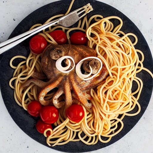 octopus with spaghetti as its tentacles, and a meatball as its body