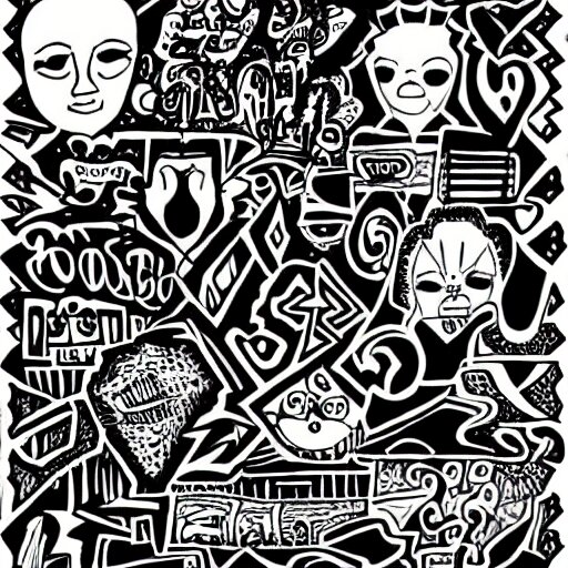 black and white composition of a variety of doodles, drawings, faces, symbols, cartoons, lineart, cave drawing, silhouette, tattoo, chinese ink brush 