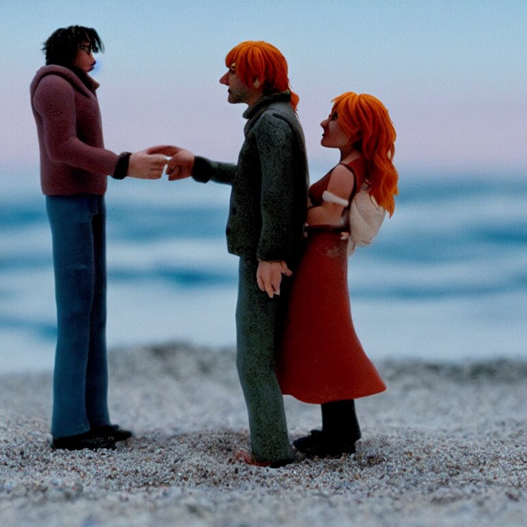 a cinematic film still of a claymation stop motion film eternal sunshine of the spotless mind joel and clementine on the beach, shallow depth of field, 8 0 mm, f 1. 8 