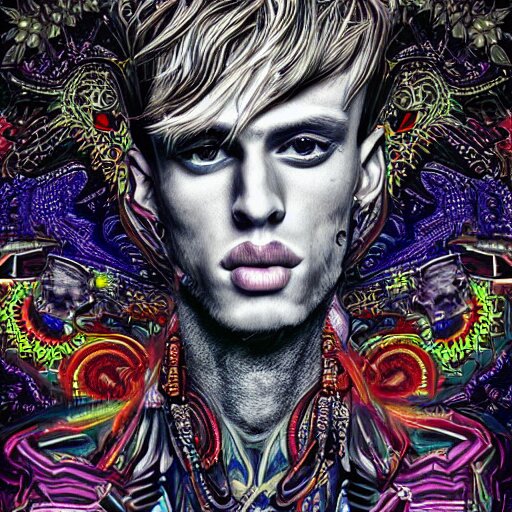 an extremely psychedelic portrait of mgk, surreal, lsd, face, detailed, intricate, elegant, lithe, highly detailed, digital oth, sharp focus, illustration, 