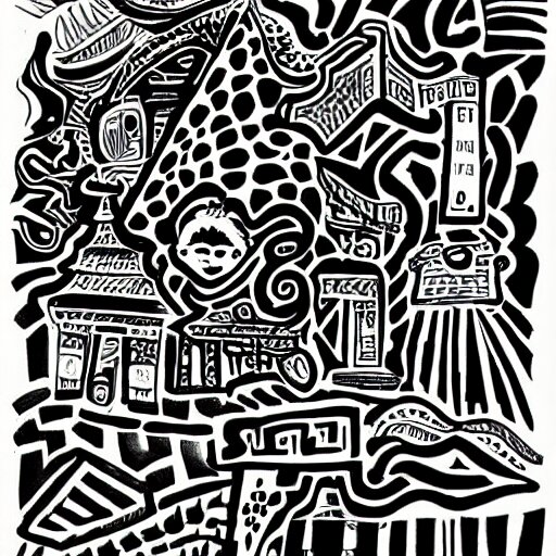 black and white composition of a variety of doodles, drawings, faces, symbols, cartoons, lineart, cave drawing, silhouette, tattoo, chinese ink brush 