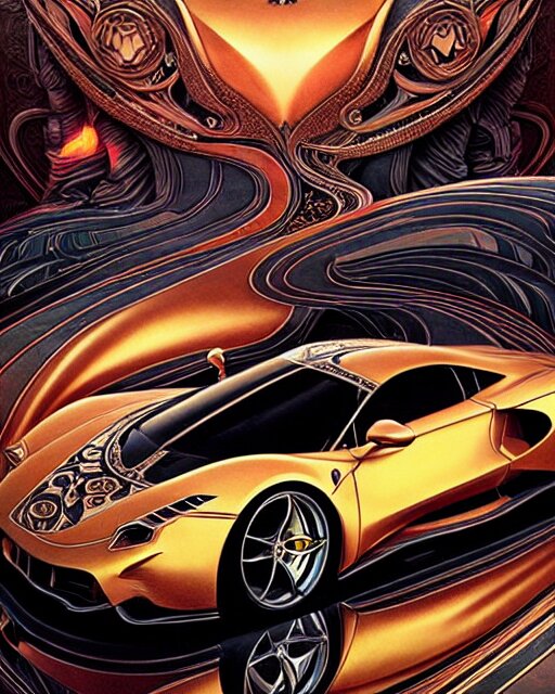 Art nouveau Ferarri car, fantasy, intricate zigzag designs, elegant, highly detailed, sharp focus, art by Artgerm and Greg Rutkowski and WLOP