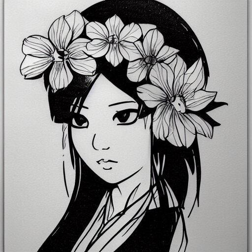 tattoo design, stencil, stencil on paper, tattoo stencil, traditional, beautiful portrait of a traditional Japanese girl with flowers in her hair, upper body, by artgerm, artgerm, artgerm, digital art, cat girl, anime eyes, anime, sexy, super model-s 100