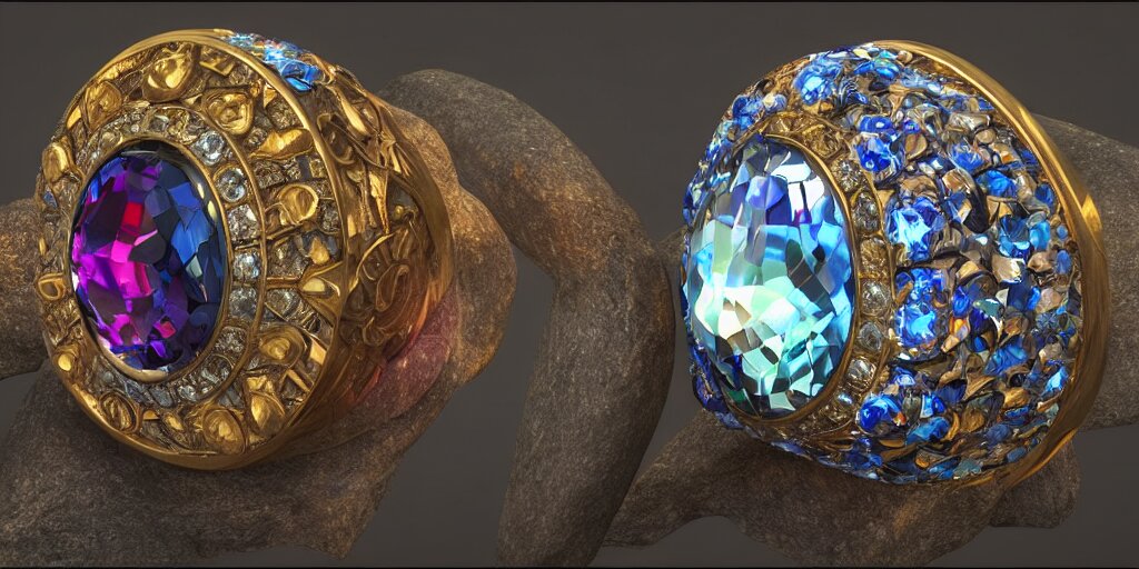 magic crystal ring, fire, stone, crystal, engravings, diamonds, colorful, art by gerald brom, greg rutkowski, photo realism, unreal engine, c 4 d 