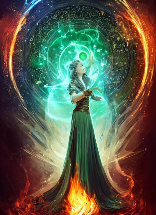 in the style of throne of glass book cover, female magician casting a spell with fireballs in her hands, blue and green magic lights aura, a portal with elvish symbology opened, d & d, fantasy, highly detailed, digital art, trending on artstation, smooth, sharp focus, illustration, art by artgerm and hirokazu yokohara, greg rutkowski, alfonse mucha 