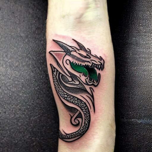 Tattoo of a dragon starting from the elbow, wrapping around the wrist in a downward spiral, emerald placed inside of the dragons mouth, forearm tattoo