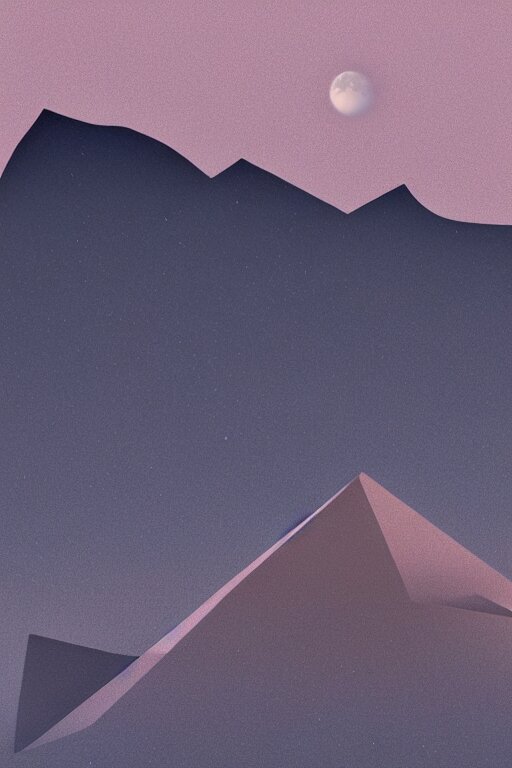 geometric 3 d render, dark color palate, mountains with a crescent moon stars 