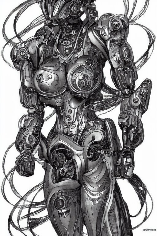 full body illustration female cyborg, highly detailed, sumi - e art, suiboku - ga ink, by kim jisu, pen and ink monochrome, mecha, deviantart, artstation, pinterest 