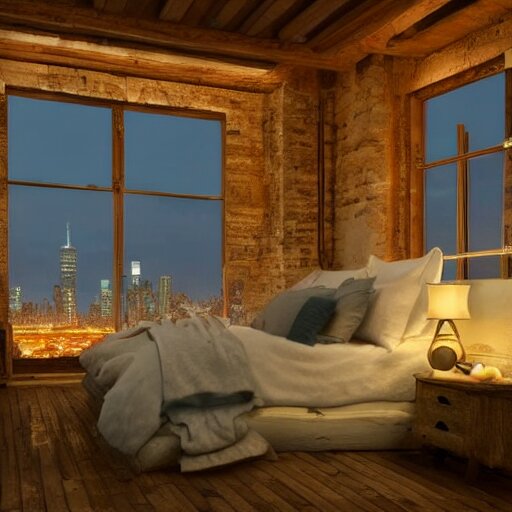 cozy rustic bedroom with a night view of new york in heavy mist, highly detailed, artstation, concept art 