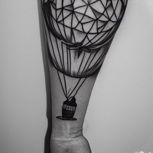 a tattoo of multiple small balloons floating up, tattoo art, black and white tattoo,