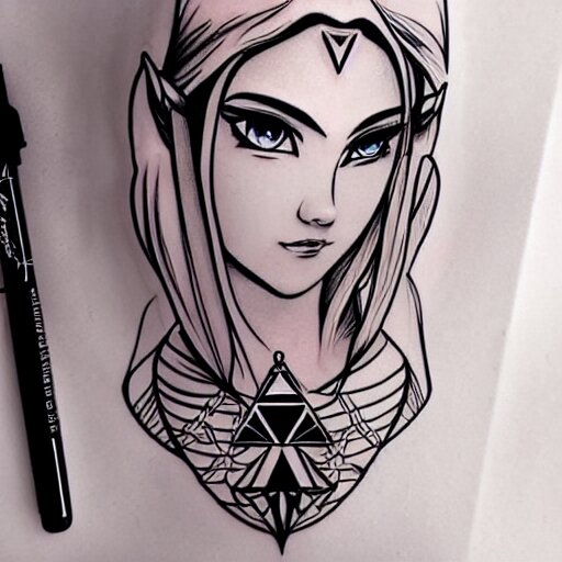 tattoo design, stencil, clean line art, g pen, portrait of princess zelda by artgerm, symmetrical face, beautiful, triforce 