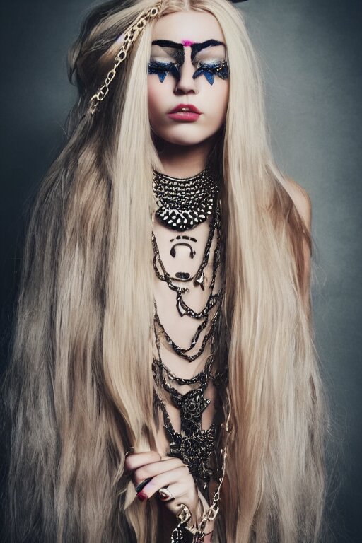 Beautiful blonde gothic girl with fancy makeup and big tropical butterfly  on her face Stock Photo