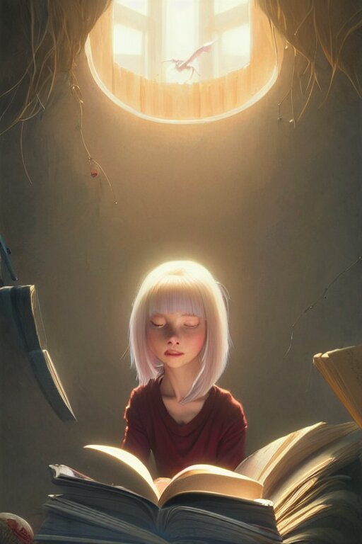 highly detailed portrait of beautiful girl reading a book, hair flowing down, in pixar inside out, dynamic pose, stephen bliss, unreal engine, fantasy art by greg rutkowski, loish, rhads, ferdinand knab, makoto shinkai and lois van baarle, ilya kuvshinov, rossdraws, tom bagshaw, global illumination, radiant light, detailed and intricate environment 