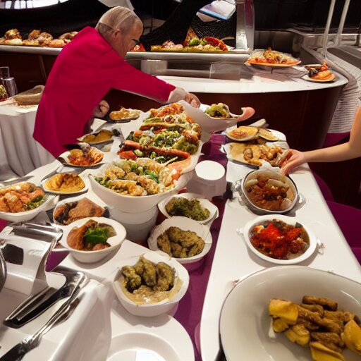 satan filling plates of food from the buffet on a cruise liner 