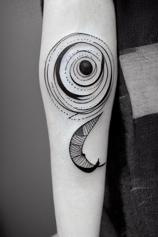 a beautiful tattoo design of minimalist flying swallows, flying into geometric spirals, black ink, abstract logo, line art 