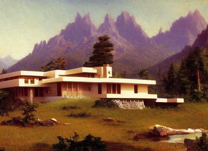 painting of a frank lloyd wright house in front of beautiful mountains by albert bierstadt 