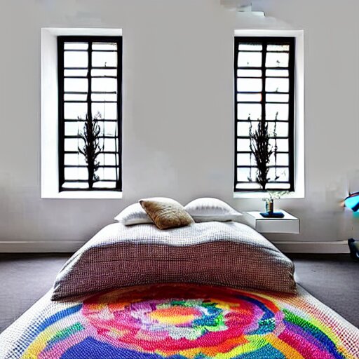 Bedroom with Minimalistic Art on the walls, white furniture, Multi colored Mandala Rug, big windows with sunlight coming in