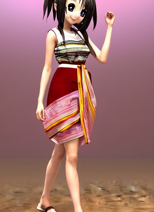 beautiful anime girl wearing summer assamese mekehela bihu style floral gamosa dress ; flirtatious, boho - chic, sleeveless, elegant, short skirt length, slimmer demeanor, plethora of colors ; mini dress, highly detailed cute face by wlop ; octane render, unreal engine 5, symmetrical, high coherence, hdr fabric textures 