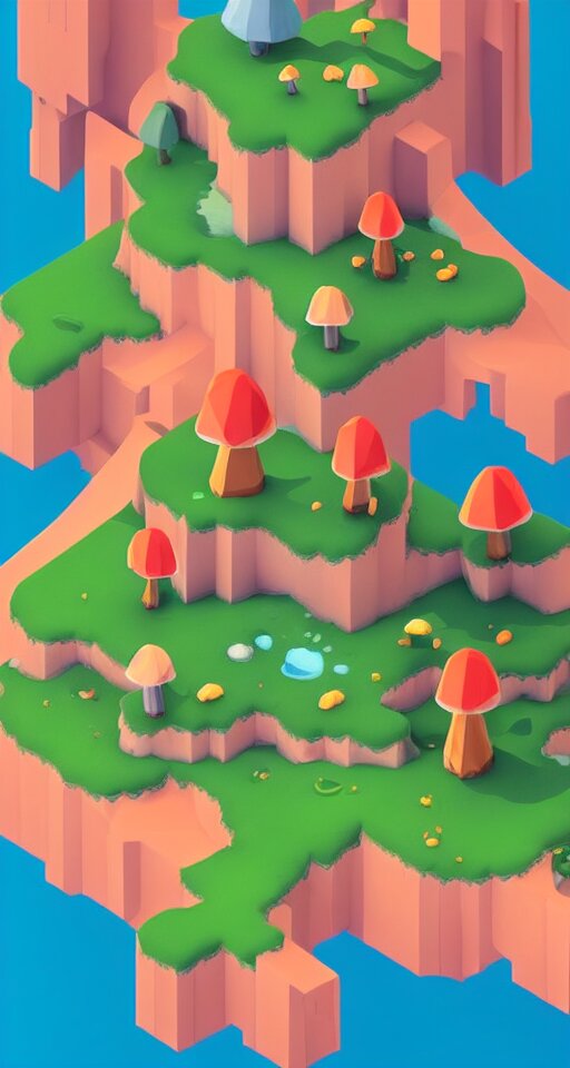 a cute little matte low poly isometric mushroom island, waterfalls, lat lighting, soft shadows, trending on artstation, 3d render, monument valley, fez video game,