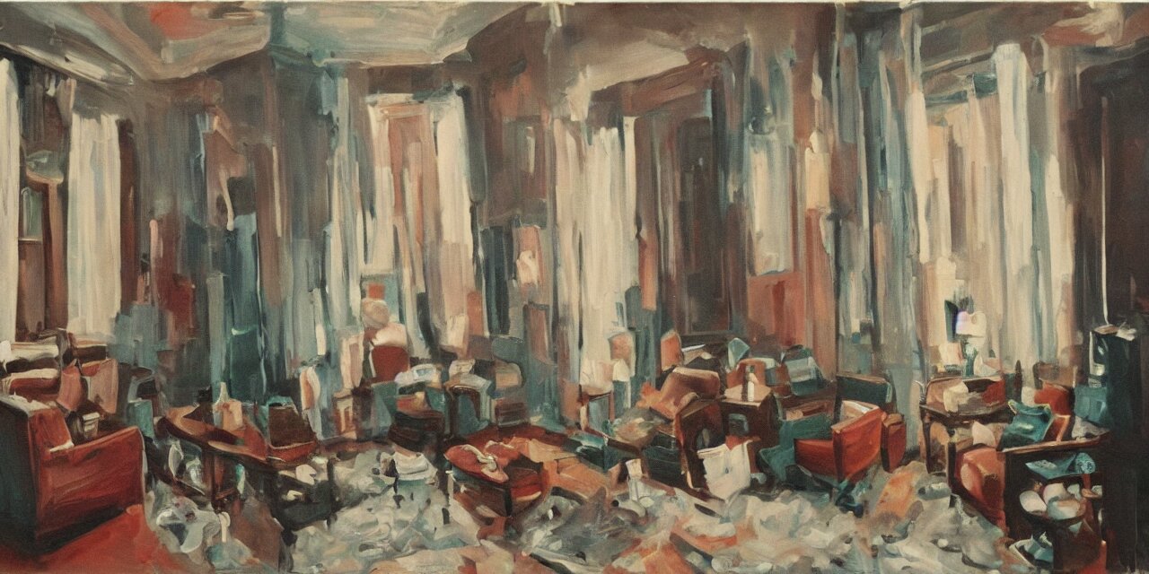 oil paint on canvas, interior of a apartment new york city circa 1 9 4 0 