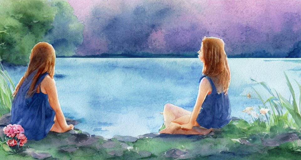 watercolor painting of flowers by the lake, dramatic lighting, peaceful, girl sitting, 