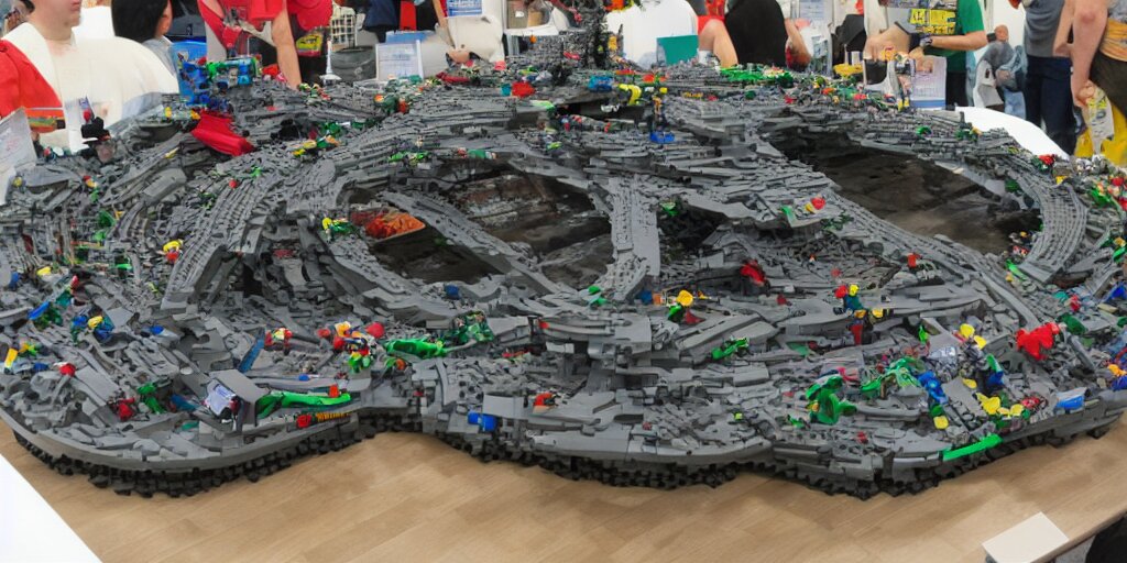 wide shot lens photo of a very intricately detailed and epically shaped 3. 5 meter long hovercraft the nebuchadnezzar from the matrix attacked by squid sentinels lego sculpture designed by a master builder as displayed at a lego convention, low angle shot. 