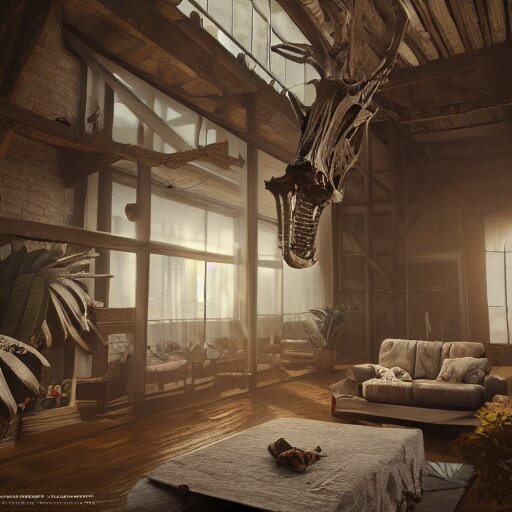 a beautifully decorated loft, interior design, mammoth skeleton in a corner, vray render, 8 k, artstation 