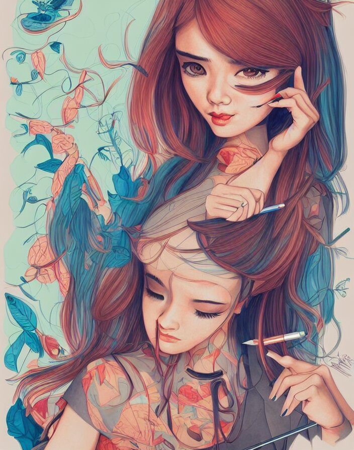 richly detailed color  illustration of a female stupid drawing demented doodles on her school work while in class alone after school, large format image. illustrated by Artgerm. 3D shadowing.