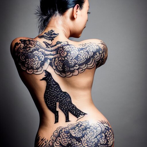 photography of the back of a woman with a black detailed irezumi tatto representing a cute caracal on her entire back, dark hangar background, mid-shot, editorial photography