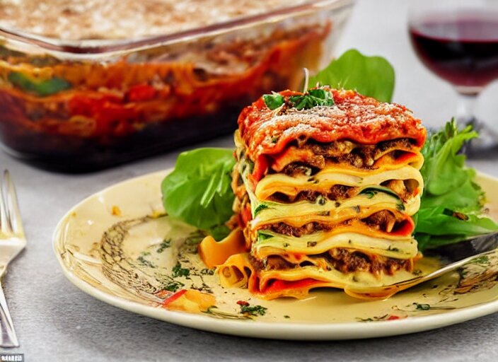 mouth - watering image of a vegan lasagne on the cover, with layers of pasta, vegetables, and a cheesy sauce. the lasagne is served with a side salad and a glass of red wine. 