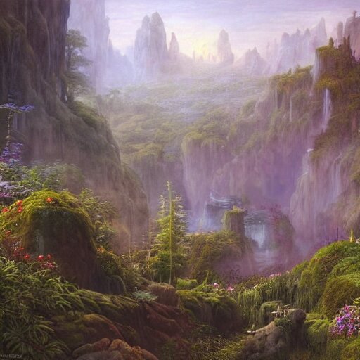 a beautiful and highly detailed matte painting of a magical garden deep in the misty mountains, intricate details, epic scale, insanely complex, 8 k, sharp focus, hyperrealism, by caspar friedrich, 