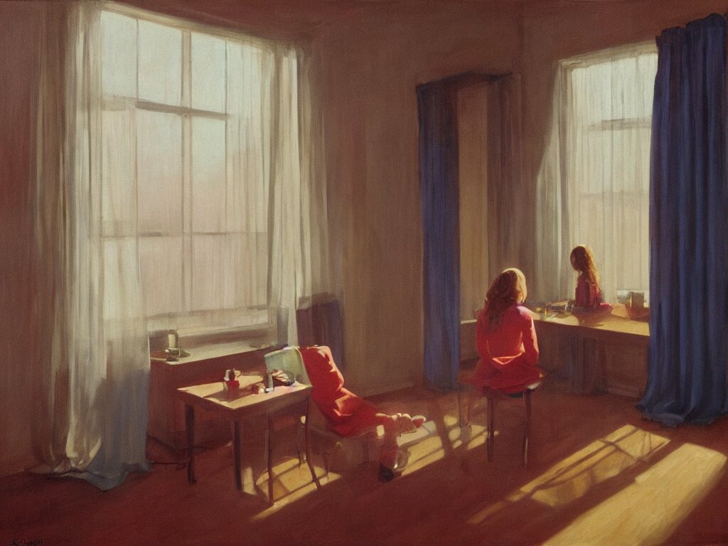 lone girl waiting inside a room, 7 0 s, stanley kubrick the shinning, american gothic, vibrant colors americana, cinematic, volumetric lighting, ultra wide angle view, realistic, detailed painting in the style of edward hopper and rene magritte 