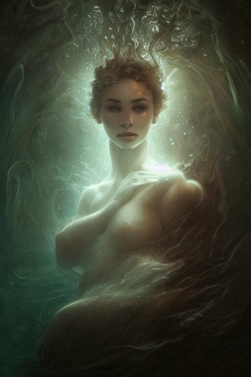 meditation deep in dark murky water!!!, underwater atmospheric mood, asleep and dreaming! cinematic volumetric lights, bust portrait, dnd, fantasy, intricate, elegant, highly detailed, digital painting, artstation, concept art, smooth, sharp focus, illustration, art by artgerm and tom bagshaw and greg rutkowski and alphonse mucha 