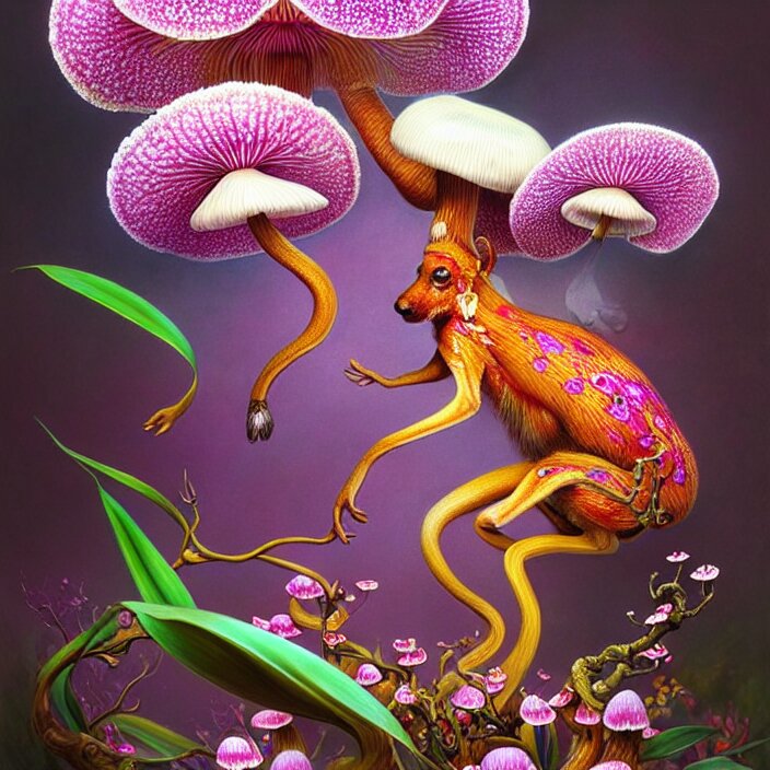 extremely psychedelic animal made of orchid and cherry blossom tree and mushroom, LSD, diffuse lighting, fantasy, intricate, elegant, highly detailed, lifelike, photorealistic, digital painting, artstation, illustration, concept art, smooth, sharp focus, art by John Collier and Albert Aublet and Krenz Cushart and Artem Demura and Alphonse Mucha